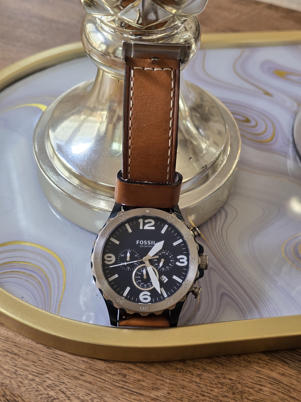 Fossil Men's Brown Leather Strap Chronograph Watch New Battery Work Cond